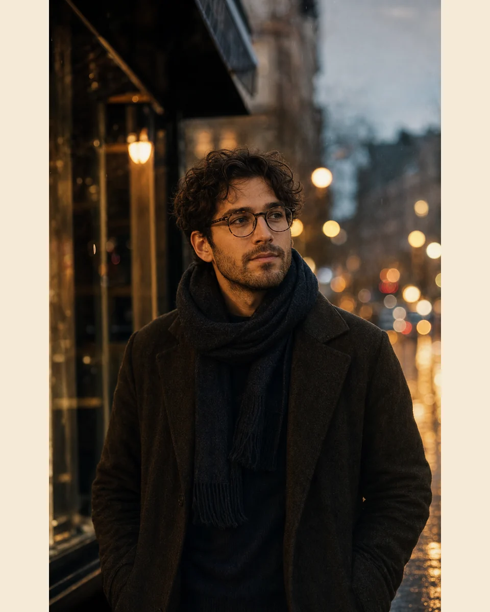 AI-generated editorial portrait in warm rainy street lighting.