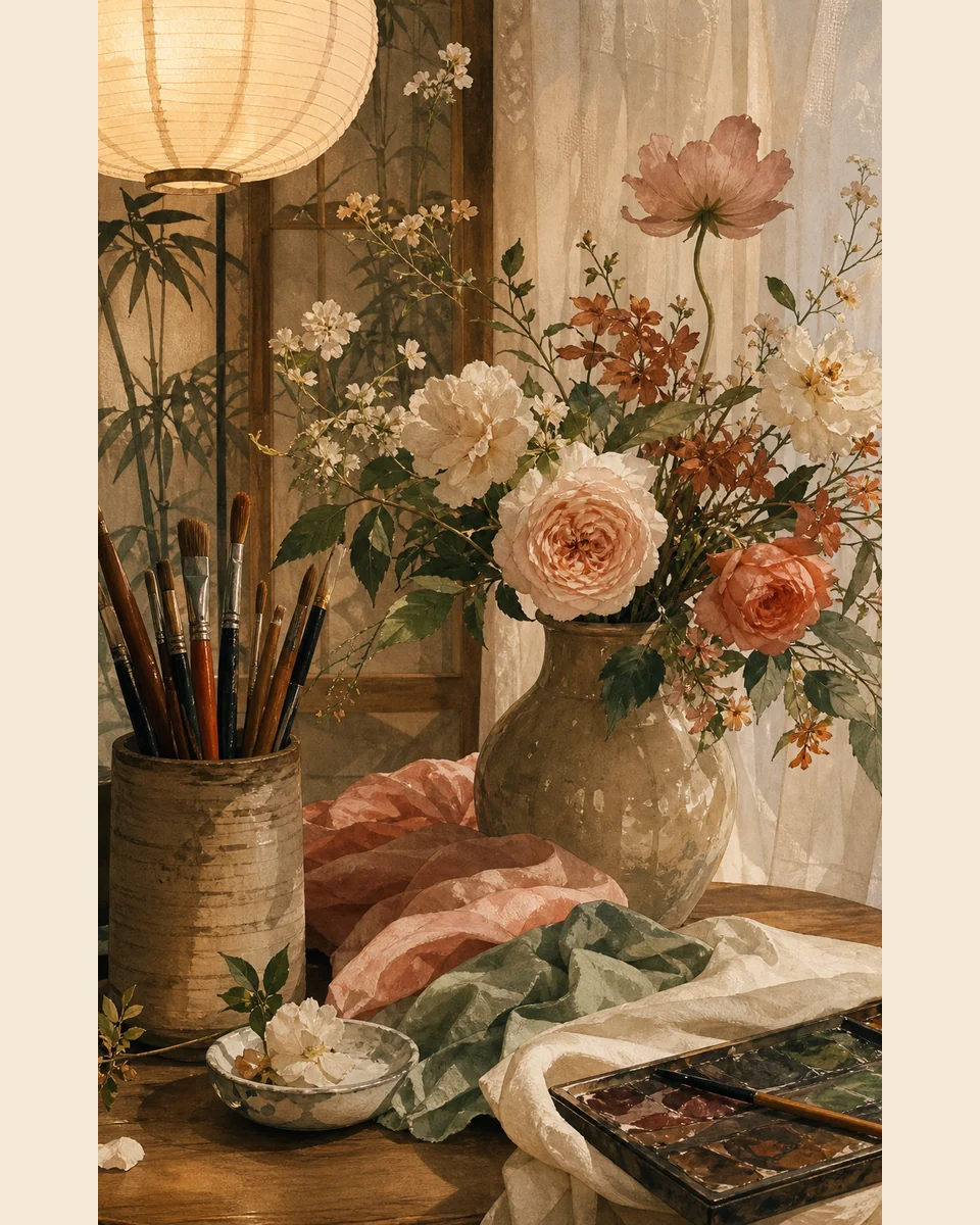 AI-generated painterly botanical still life.