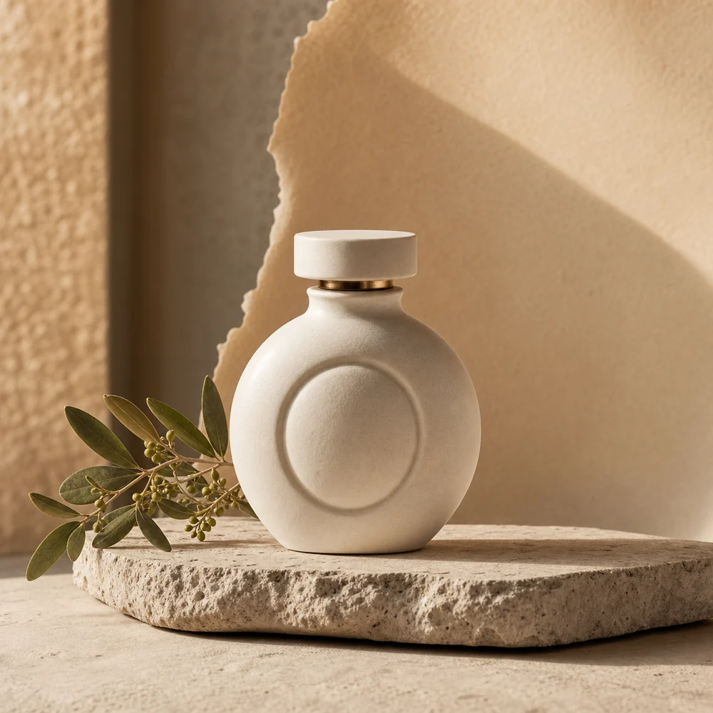 AI-generated ceramic product on a stone pedestal.