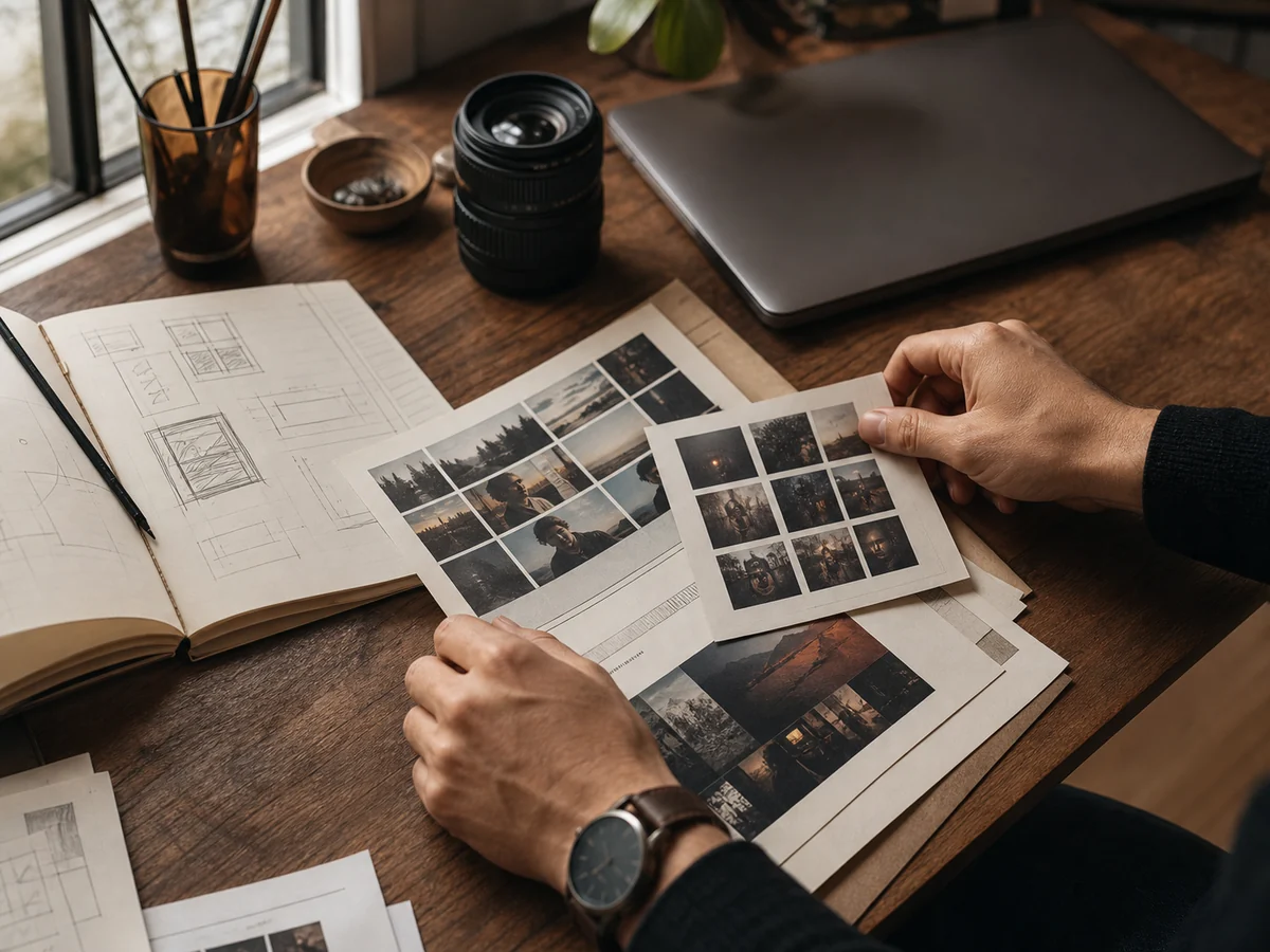 AI-generated creator desk with contact sheets and warm window light.